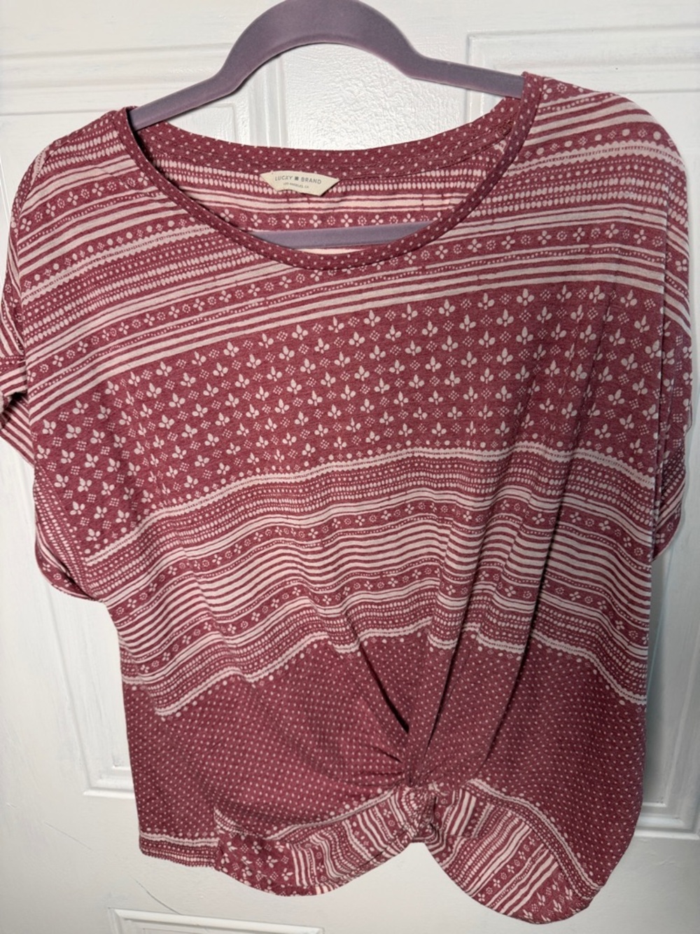 Lucky Brand Mauve Rose-Print Short Sleeve Knot Front Tee